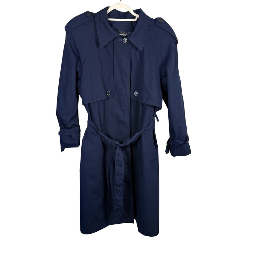 Image Navy Belted Trench Coat Size L or XL Classic Minimalist Outerwear